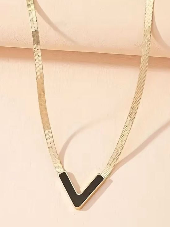 Gold Black Flat V-Shape Herringbone Necklace with Black Inlay - Women's Jewelry