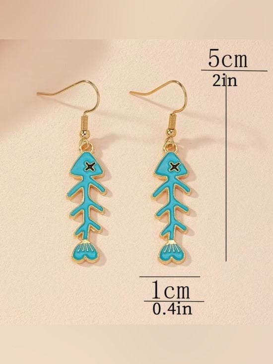 Turquoise Enamel Fishbone Drop Earrings - Gold Accent