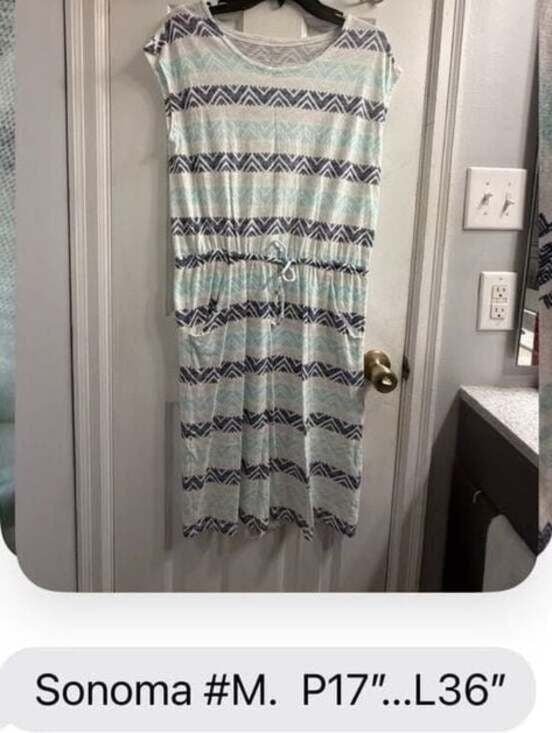 Sonoma Striped Drawstring Midi Dress in Light Blue and Navy Sz Medium