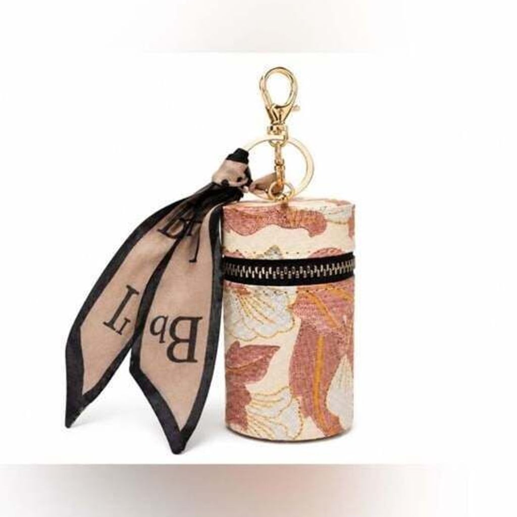 Floral Cylindrical Keychain Pouch with Scarf Accent - Pink & Cream