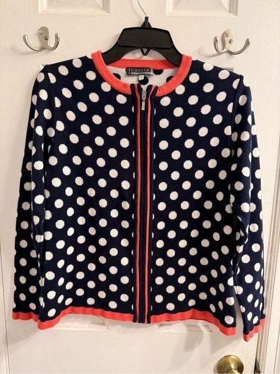 Kris Cassia Navy and White Polka Dot Zip Jacket with Coral Trim Small