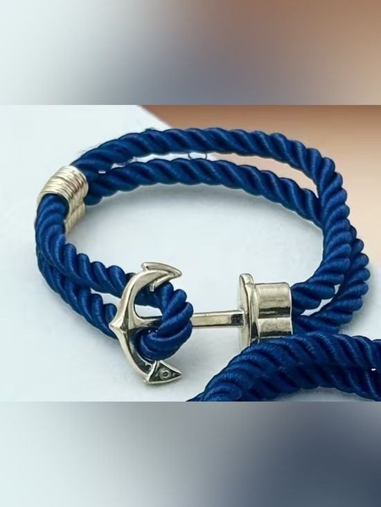 Men’s Black Nautical Rope Bracelet Silver Anchor Clasp Coastal Style