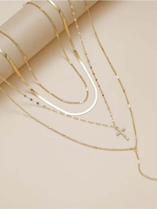 5 Pieces Gold Layered Multicolor Gemstone Cross Necklaces for Women