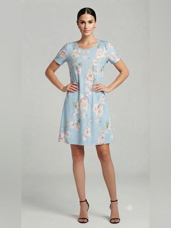Light Blue Floral Casual Dress with Pockets Size XL