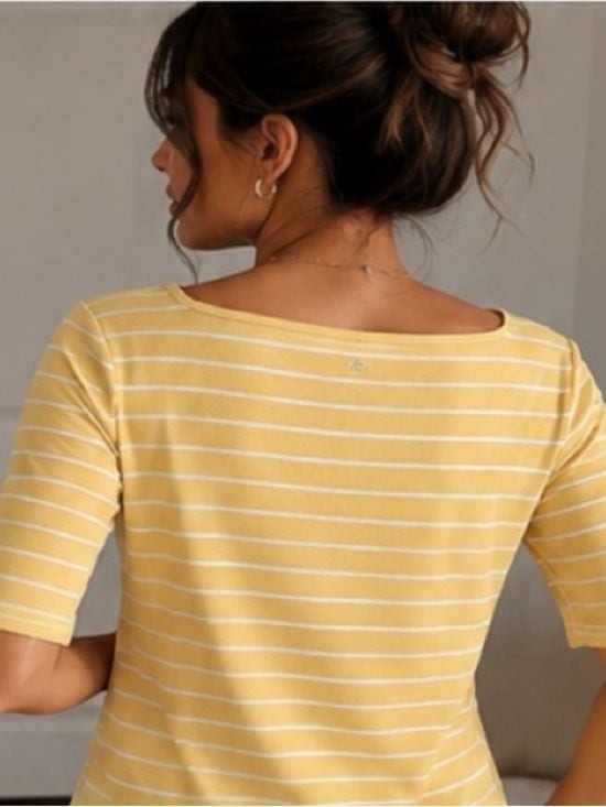 Croft & Barrow Yellow White Striped Scoop Neck Top Medium Casual Spring Tee