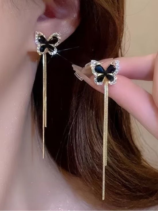 Black Enamel Butterfly Long Tassel Gold Accent Earrings