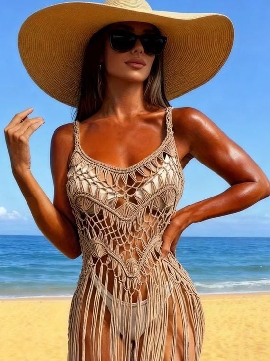 Beige Crochet Fringe Mini Dress Cover-Up Tan OS