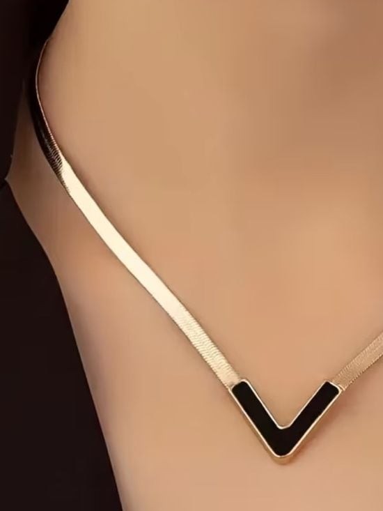 Gold Black Flat V-Shape Herringbone Necklace with Black Inlay - Women's Jewelry