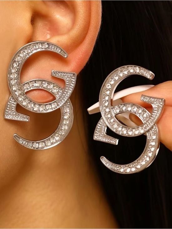 Crystal-Encrusted Double-G Style Stud Earrings in Silver