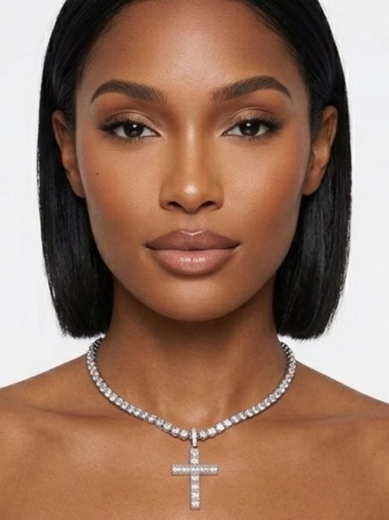 Divine Shine: Diamond Cross Tennis Necklace  - White Gold Tone
