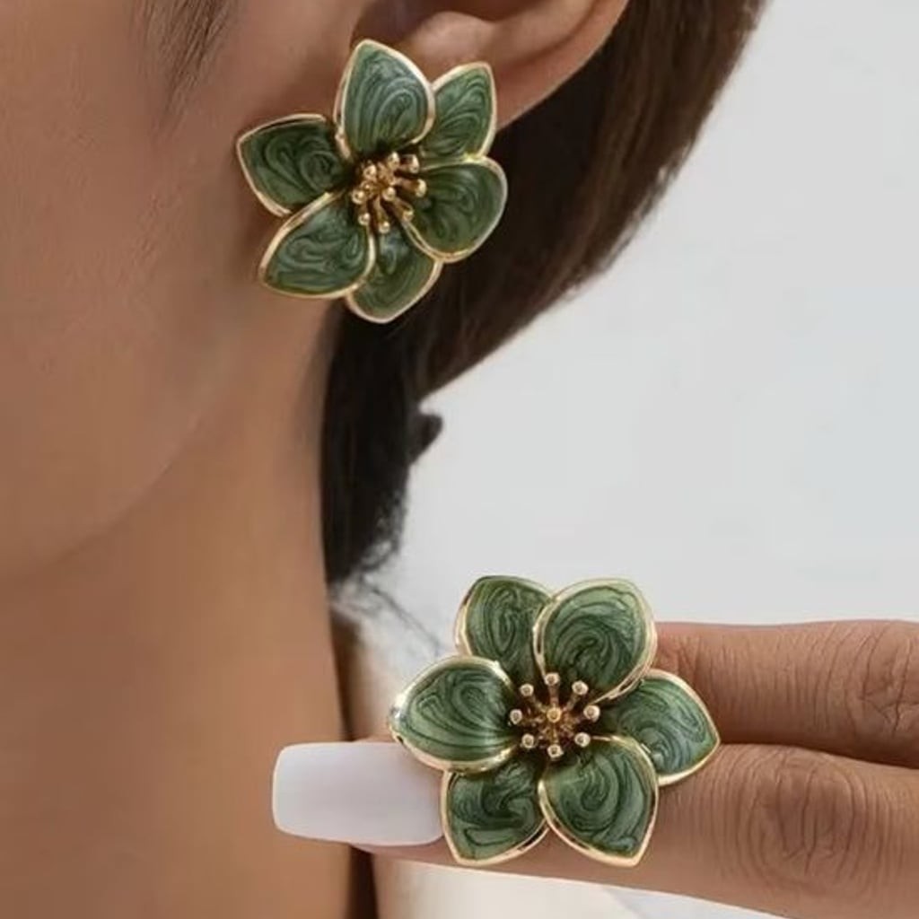 Green Floral Gold-Trim Stud Earrings - Women Jewelry