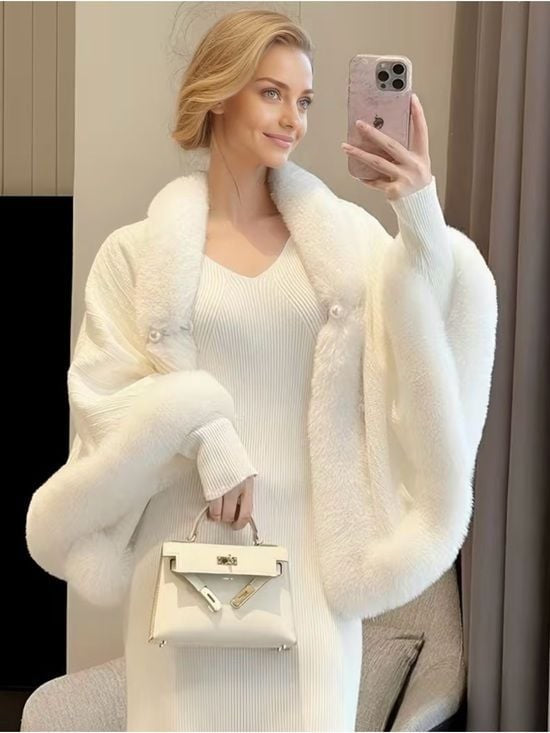 White Faux Fur Trim Cape Coat | Elegant Winter Wrap | One Size