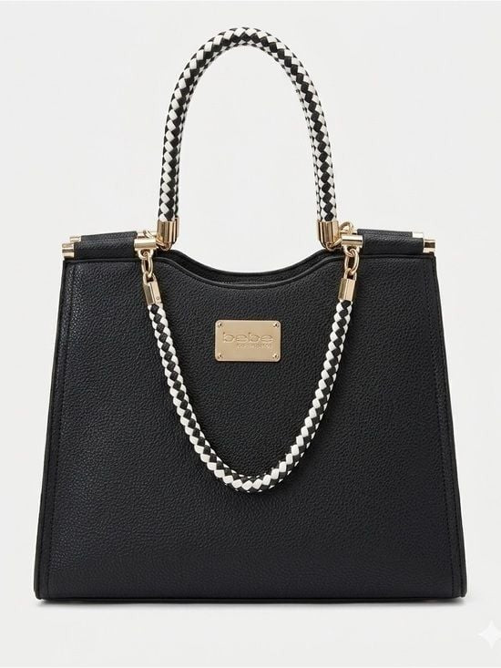 bebe Black Satchel with White Braided Handles and Gold Hardware
