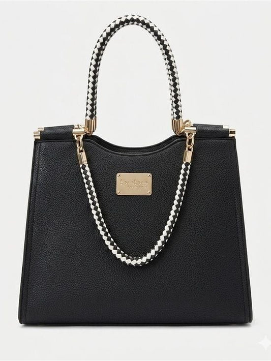 bebe Black Satchel with White Braided Handles and Gold Hardware