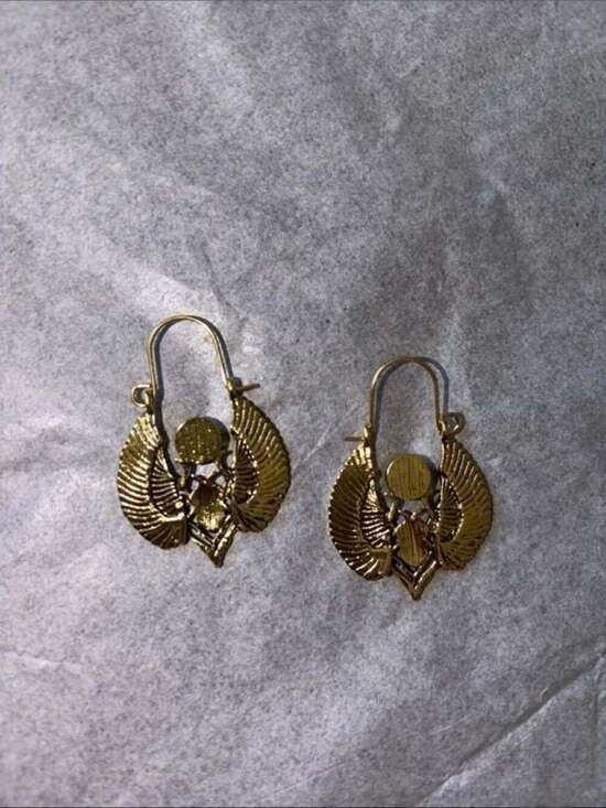 Gold Winged Scarab Earrings with Green Gemstone - Women Jewelry