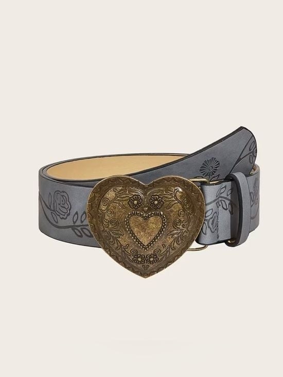Heart Buckle Embossed Leather Waist Belt in Grey Medium