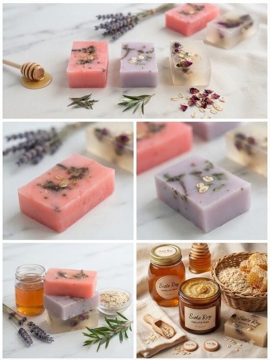 3 x Handcrafted Floral Soap Trio — Pink, Lavender & Clear Botanical Bars