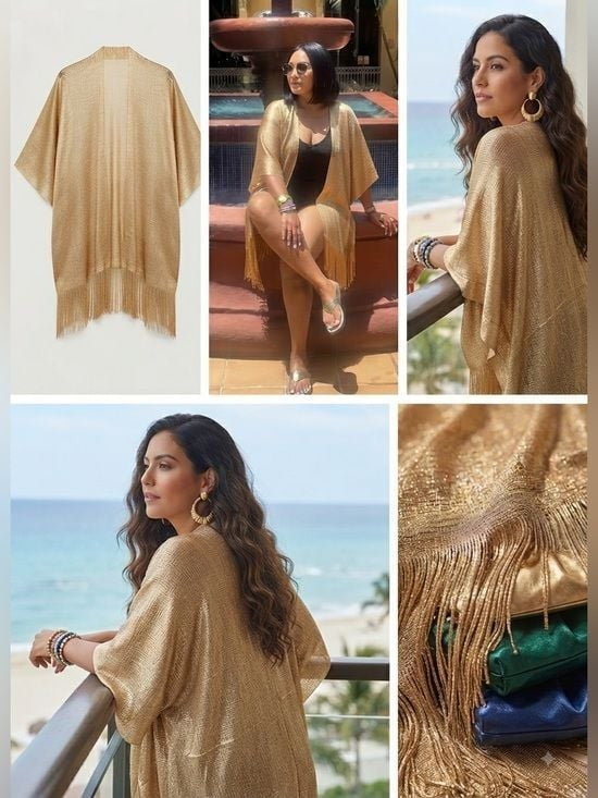 Gold Metallic Fringe Kimono Cardigan Women’s Beach Cover-Up One Size