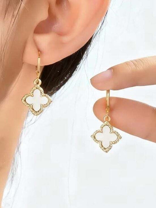 Gold and White Clover Dangle Earrings - Women Jewelry