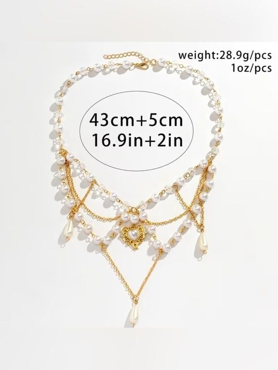 Gold Pearl Layered Heart Chandelier Necklace