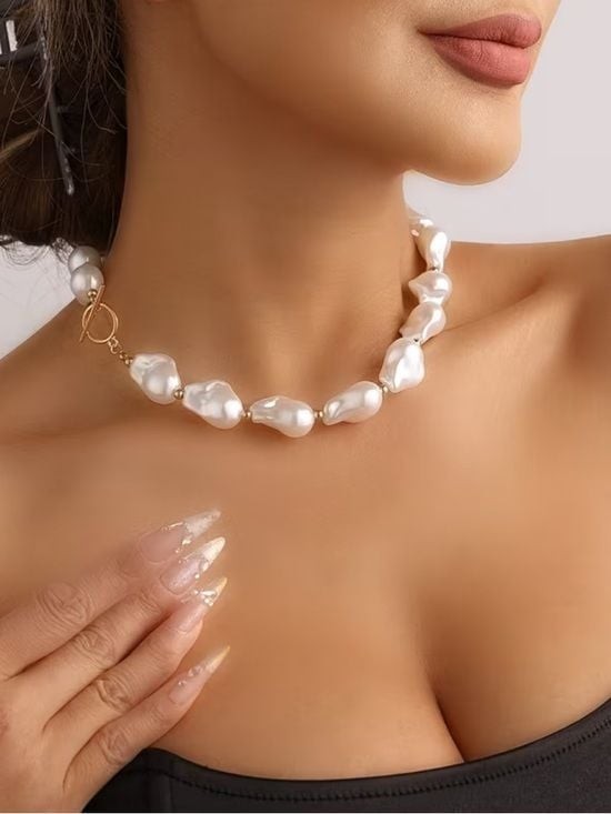 Baroque Pearl Choker Necklace in White with Gold-Tone Clasp