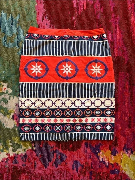 Boden Red, Navy and Cream Patterned Midi Skirt