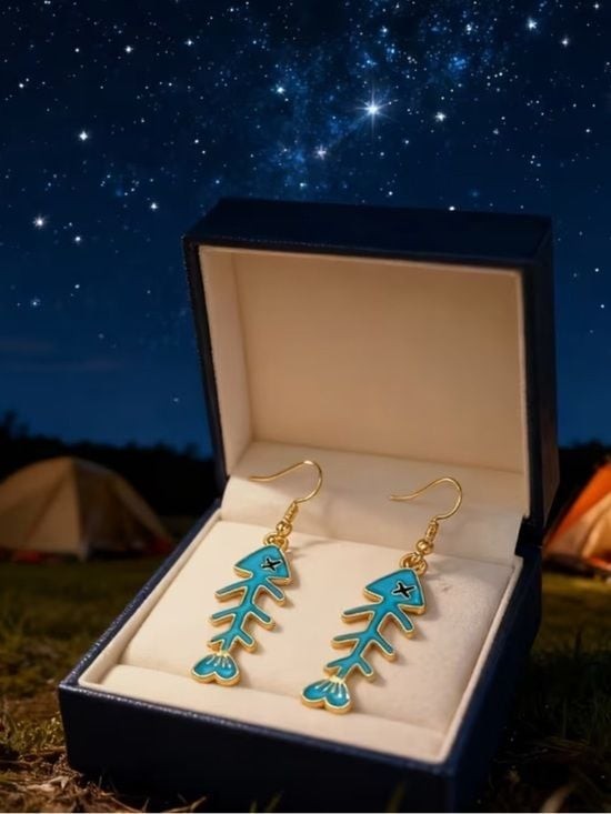 Turquoise Enamel Fishbone Drop Earrings - Gold Accent