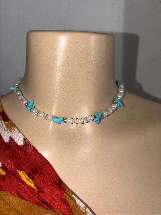 Turquoise Flower & Pearl Beaded Choker Necklace