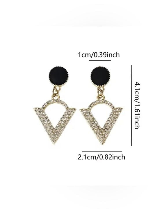 Gold-Tone V Drop Earrings with Black Enamel Discs and Crystals