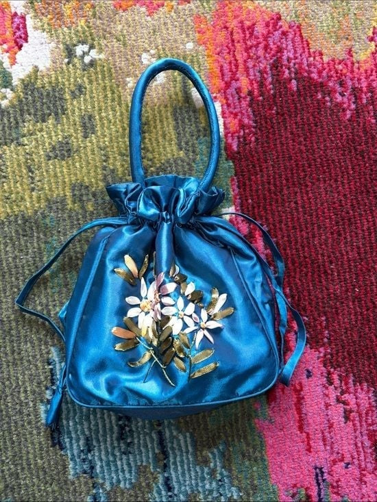 Teal Satin Drawstring Floral Embroidered Women's Handbag