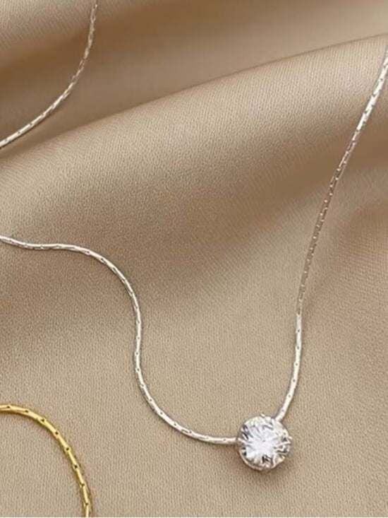 Delicate Solitaire Necklace with Clear Crystal Pendant - Silver Tone