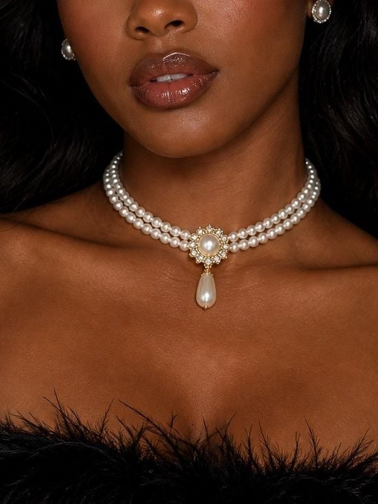 Triple-Strand Pearl Choker Necklace with Gold Floral Drop