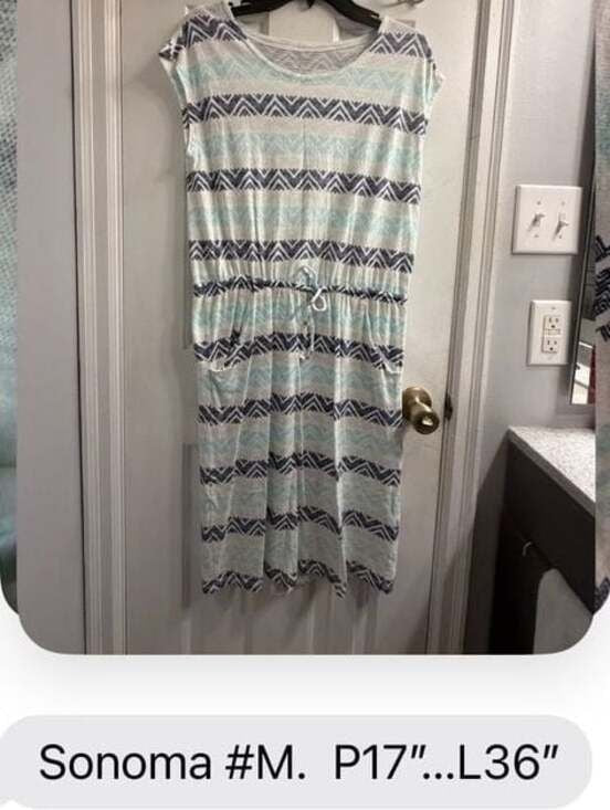 Sonoma Striped Drawstring Midi Dress in Light Blue and Navy Sz Medium