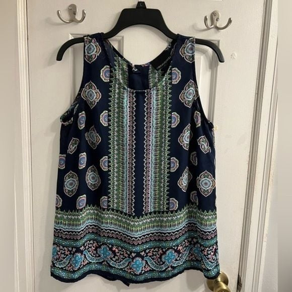CYNTHIA ROWEY Elegant Open Back Tribal Print Summer Tank Blouse Sz Medium