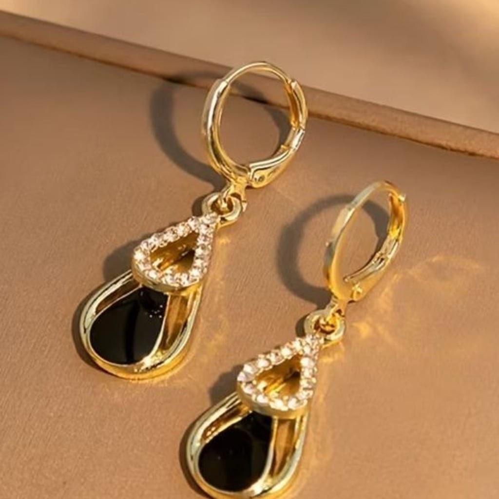 Gold & Black Teardrop Crystal Hoop Earrings