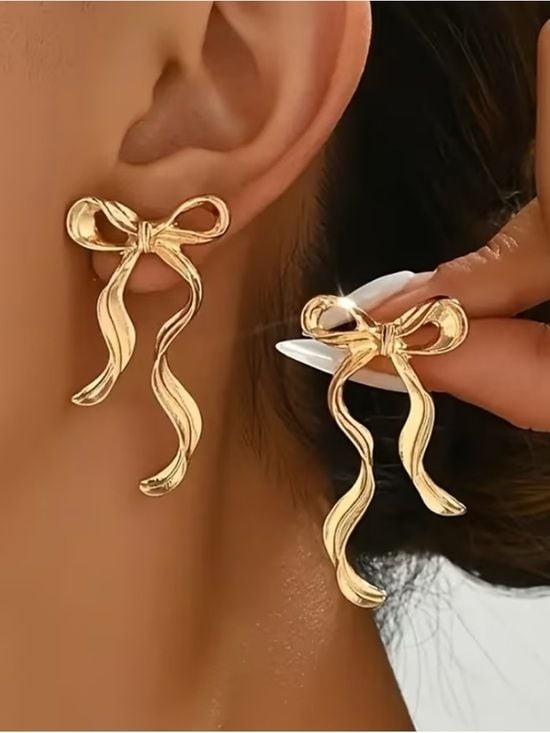 Gold Bow Drop Earrings for Women