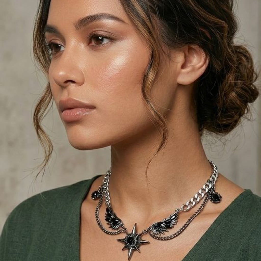 Antique Silver Star & Wing Layered Pendant Necklace