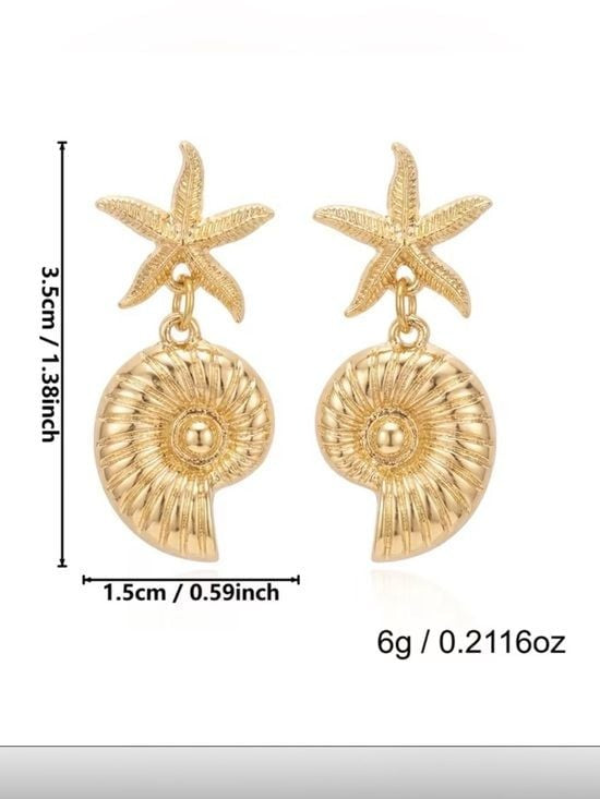 Gold Nautilus & Starfish Drop Earrings - Gold Tone