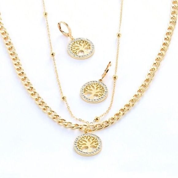 Jewelry Set Gold Tree of Life Necklace Crystal & Dangle Earrings
