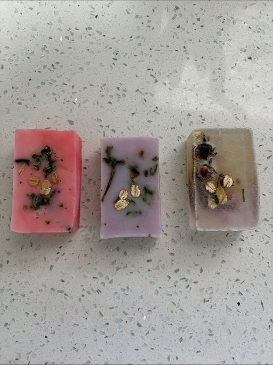 3 x Handcrafted Floral Soap Trio — Pink, Lavender & Clear Botanical Bars
