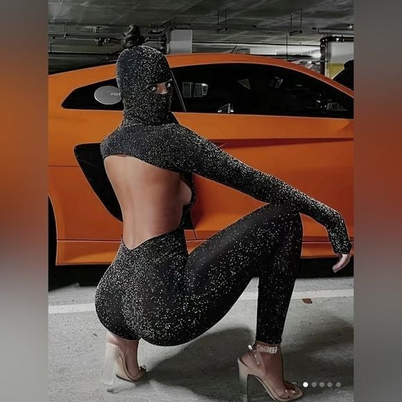 HOT 🔥 Black Glitter Open Back Jumpsuit Set  -