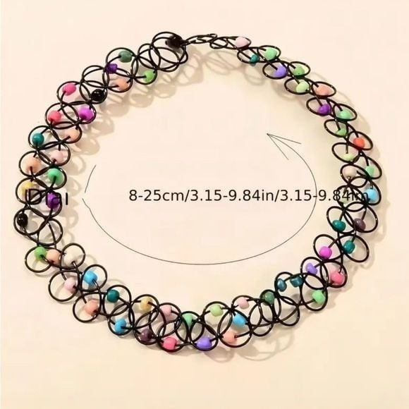 90s Retro Vibe Elastic Black Choker Beaded Colorful Necklace