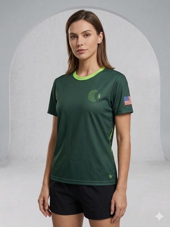Unisex Dark Green Short-Sleeve Performance Shirt with Lime Flag Graphic