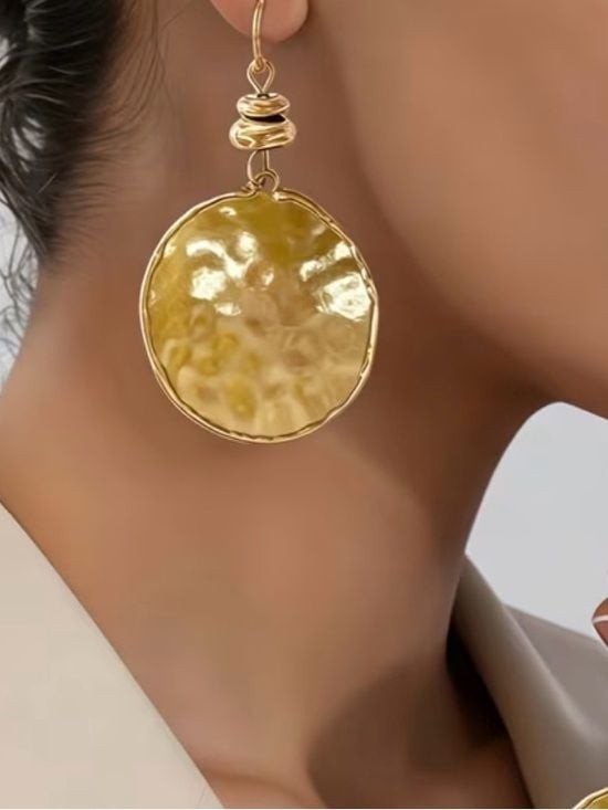 Hammered Gold Disc Drop Earrings - Women Jewelry