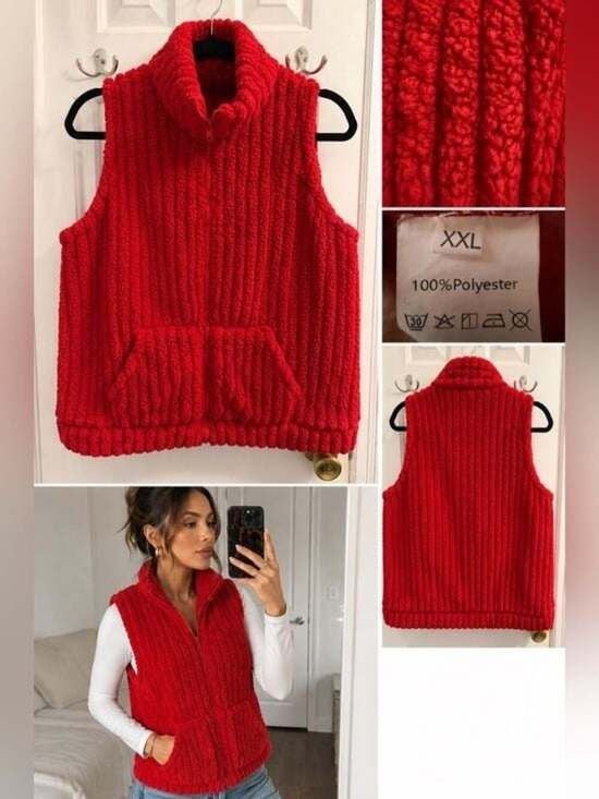Red Plush Zip-Front Women's Sweater Vest XXL