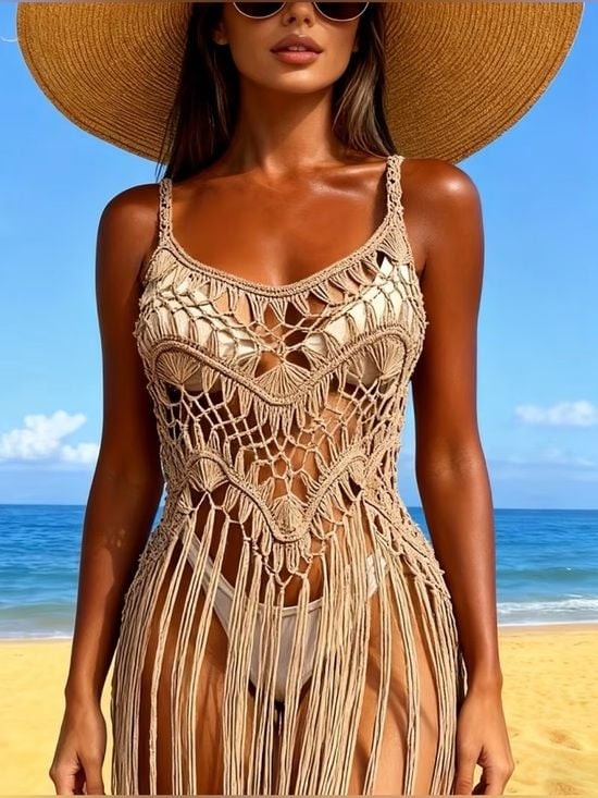 Beige Crochet Fringe Mini Dress Cover-Up Tan OS