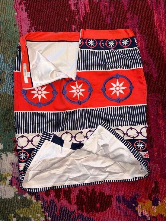 Boden Red, Navy and Cream Patterned Midi Skirt