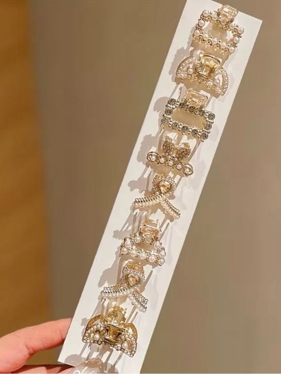 Gold Pearl & Crystal Mini Hair Claw Set - Gold Tone
