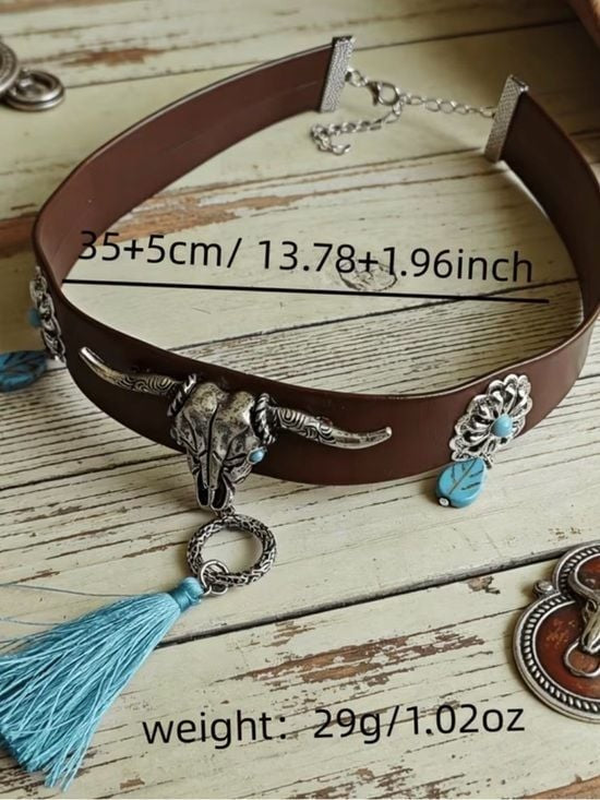 Western Turquoise Tassel Leather Choker Necklace - Unbranded