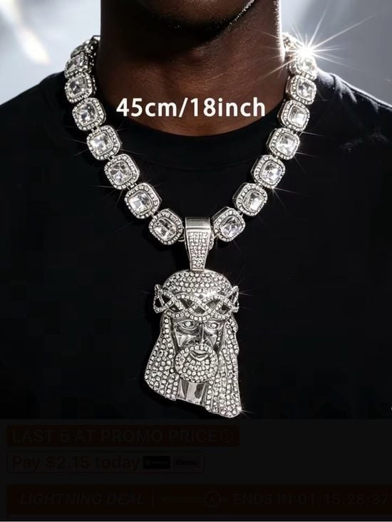 Jesus Face Pendant Necklace with Crystal Cuban Link Chain Big Jewelry Co